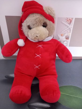 Peluche vintage ours damart rouge avec son bonnet 37cm