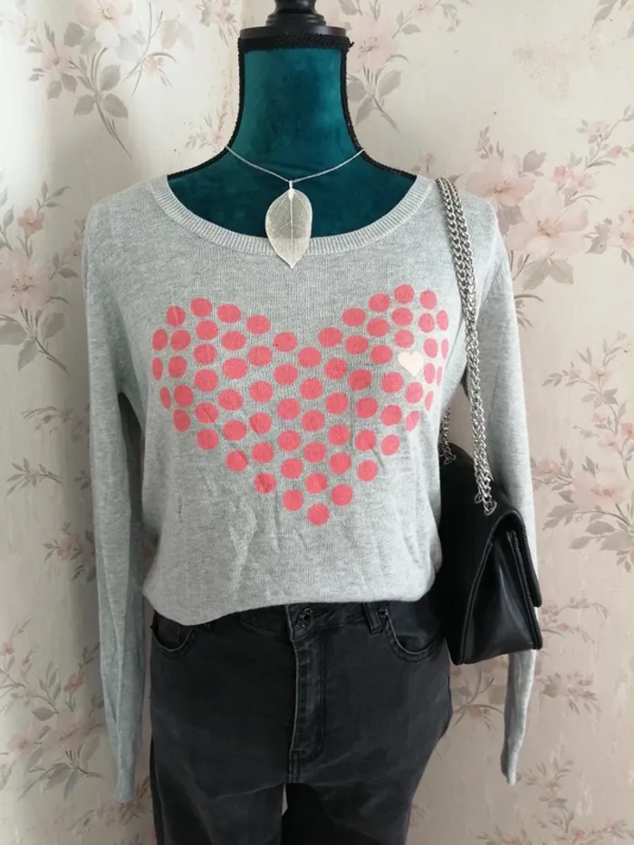 Pull fin Gris à motifs coeur avec des ronds corails / only / (S)