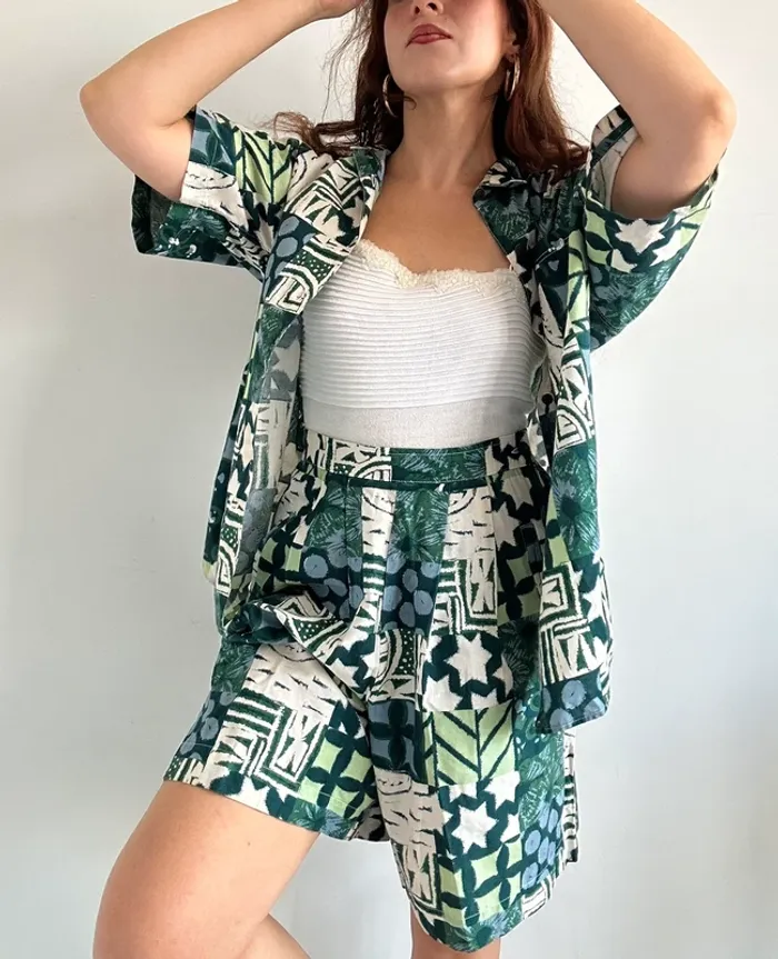 Ensemble Newman oversized short et chemise vintage années 80 à motifs vert taille S