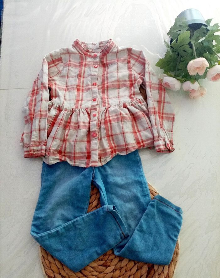 4/5 ans ensemble original Marines et orchestra chemise a carreaux et jean prinr ete/excellent état