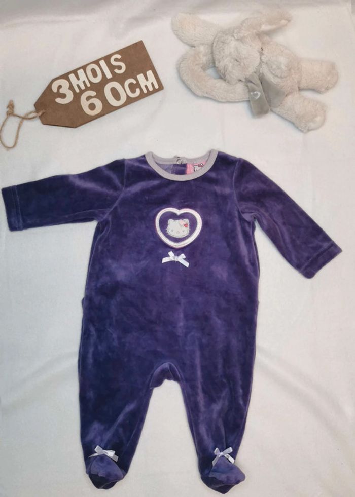 Pyjama 👣 velours violet, hello kitty 3mois/60cm grenouillère - photo numéro 7