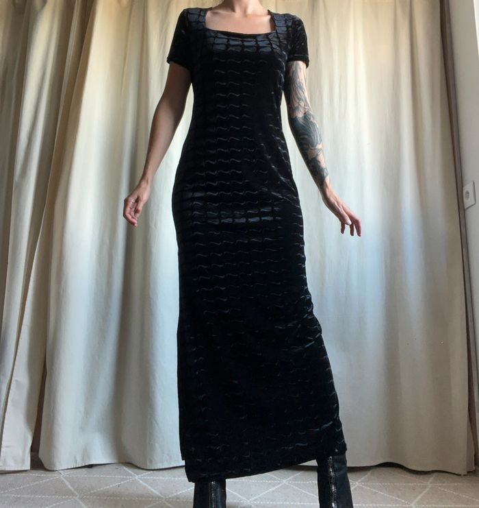 Sublime robe longue velours motifs abstraits Goth Vampire vintage made in France 90s - Taille M/L - photo numéro 3