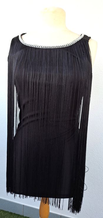 NEUF ! LONG TEE-SHIRT NOIR COL EN V / FRANGES