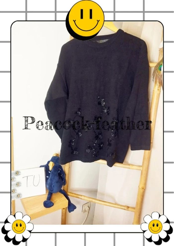 Pull noir sequins et perles TU