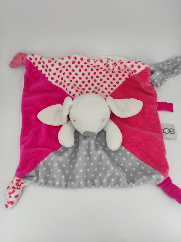 Doudou Plat Lapin Rose Blanc Gris Obaïbi - photo numéro 3