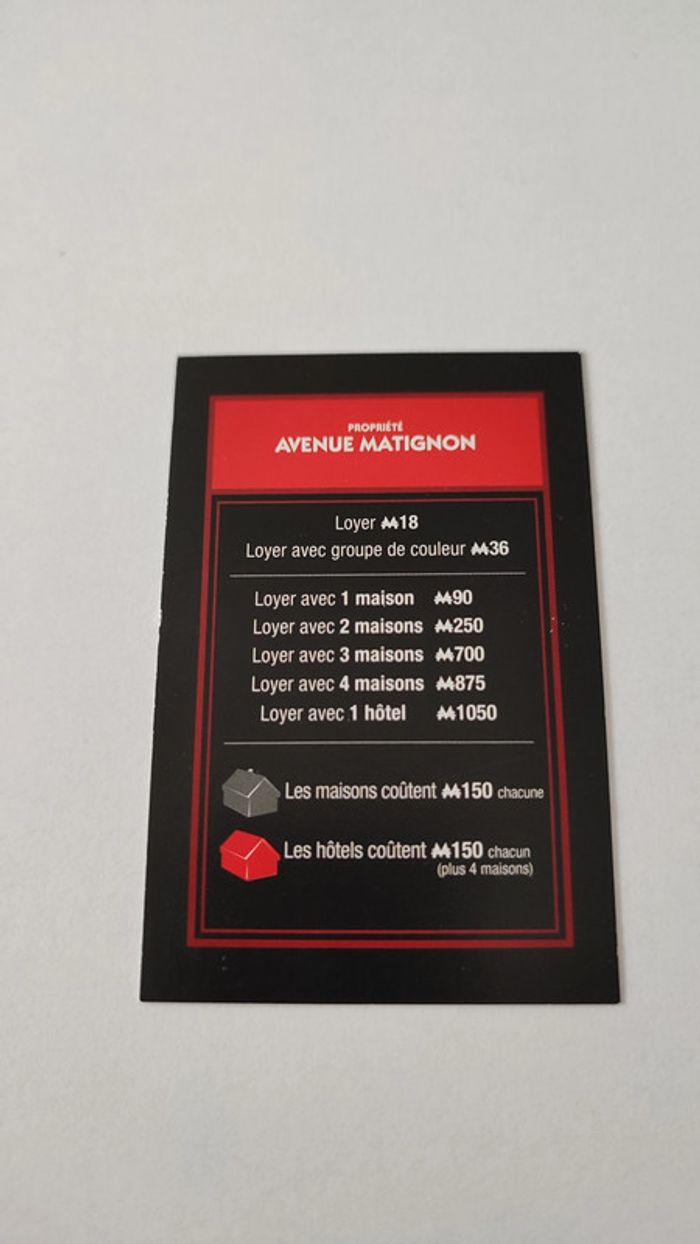 Carte Avenue Matignon pièce détachée jeu de société Monopoly mauvais perdants Hasbro Gaming #B77