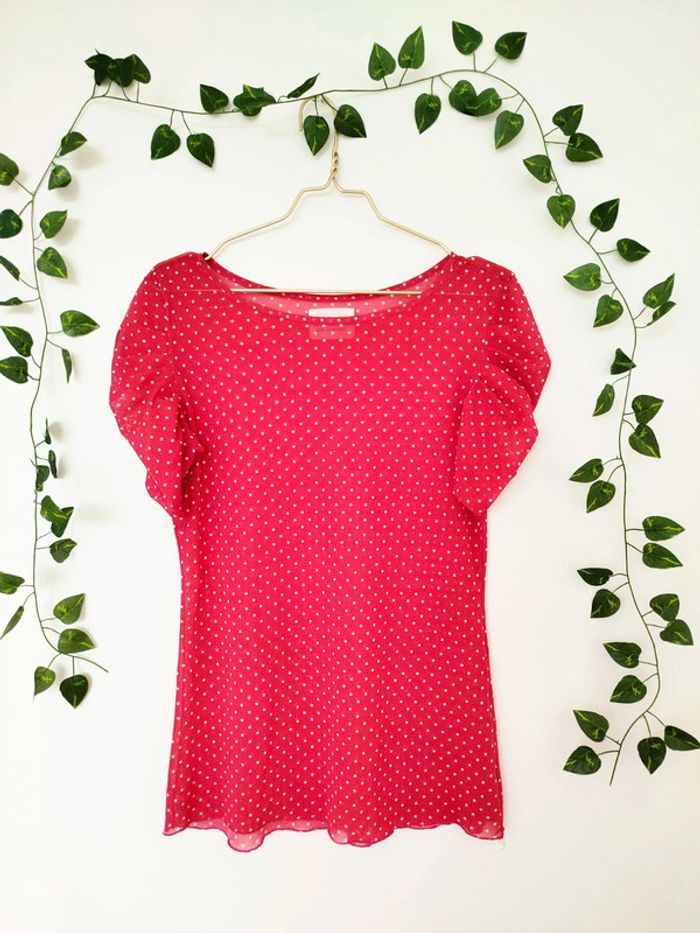 Tee-shirt femme Zara basic framboise/fushia à pois blancs taille L