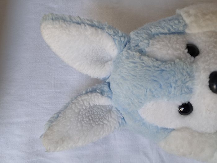 Peluche lapin bleu et blanc grelot marque nounours Hauteur 27 cm ancien vintage - photo numéro 3