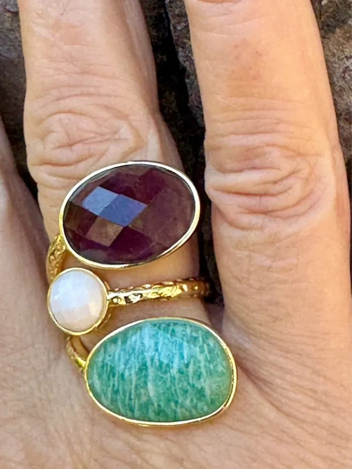 Grosse bague habaha Paris acier inoxydable or réglable pavés améthyste jade vert blanc - photo numéro 2