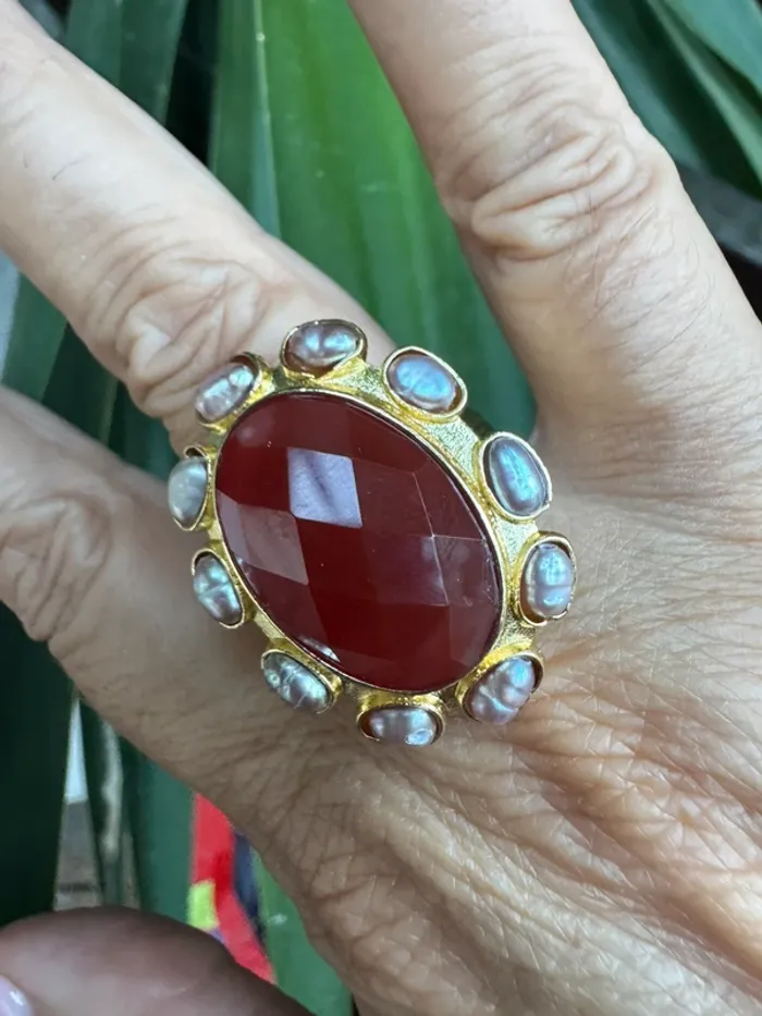 Grosse bague habaha Paris cornaline pierres d’eaux douce acier inoxydable or