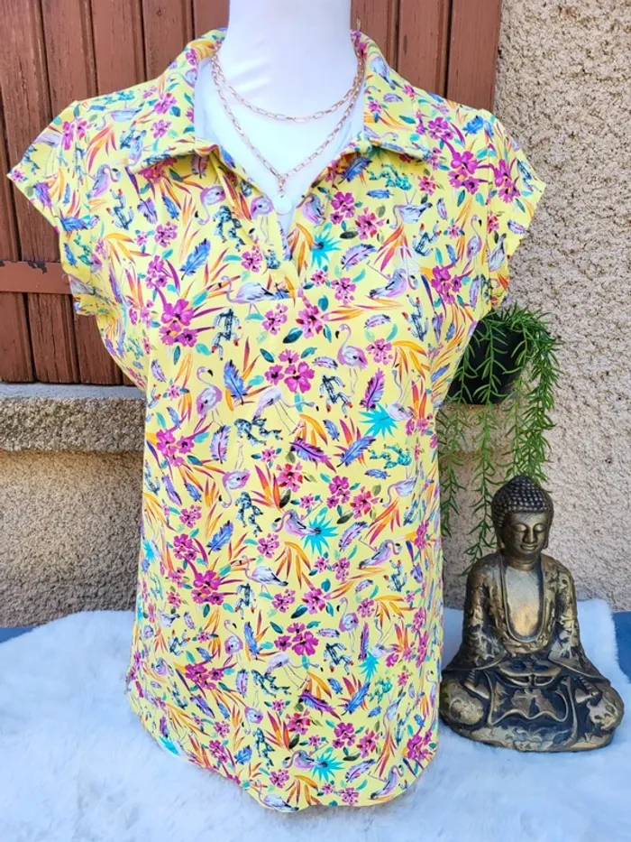 T-shirt polo golf fleuri flamand rose jaune multicolore chiberta taille 42