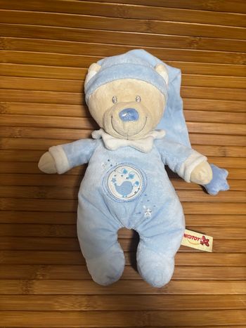 Doudou ours bleu blanc long bonnet étoile nicotoy