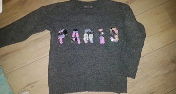 Pull hiver fille gris Paris sequins 7/8 ans