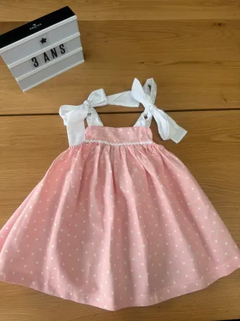 Robe bretelles en lin à noeuds blancs rose pâle/corail avec pois - Taille 3 Ans