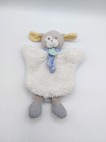 Doudou marionnette chien peluche BABY NAT BN099 blanc gris jaune bleu pois