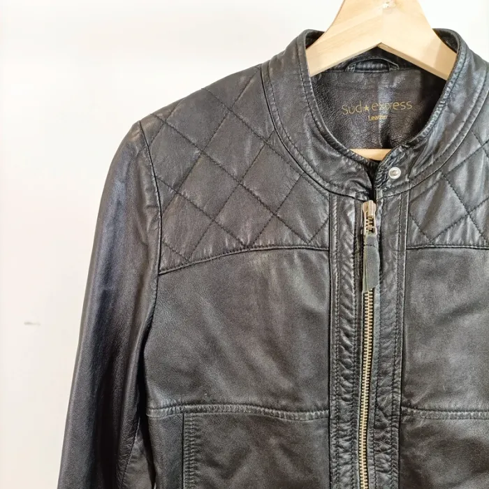 Blouson cuir noir matelassé col rond Sud Express modèle Bartok taille L A876 - photo numéro 3