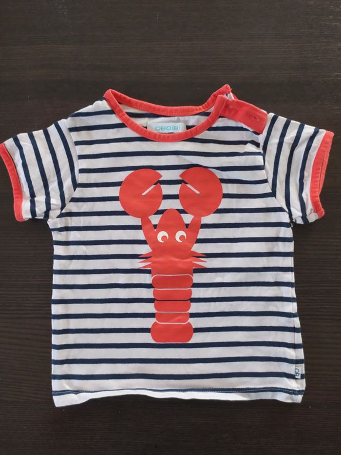 T-shirt été manche courte Obaibi 12 mois Homard Orange marinière blanc bleu