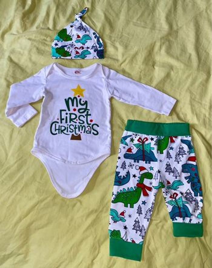 Ensemble 3 pièces de Noël, motifs dinosaures, blanc et vert, 6 mois