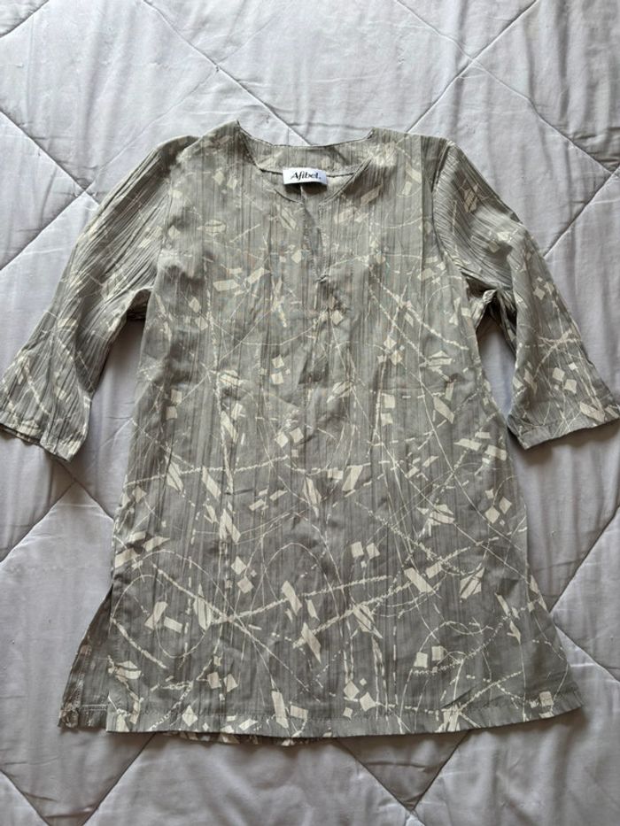 Tunique blouse vintage 90s ample grise col fendu manches 3/4 – Afibel – taille M/38 France - photo numéro 3