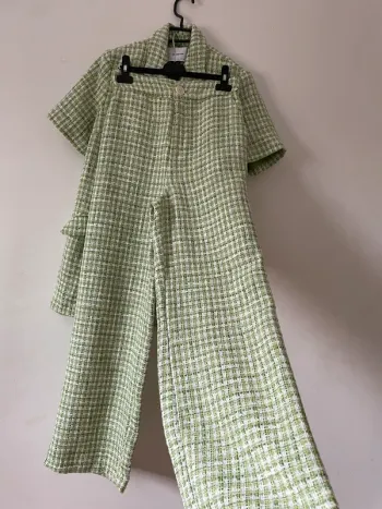 Ensemble tailleur Vichy pantalon + veste blazer tweed stradivarius à jambes large taille S