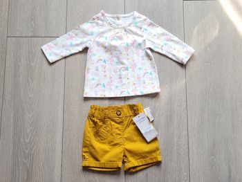 Très bel ensemble moutarde et blanc à motif. Fille 3 mois. Marque Orchestra/Kiabi