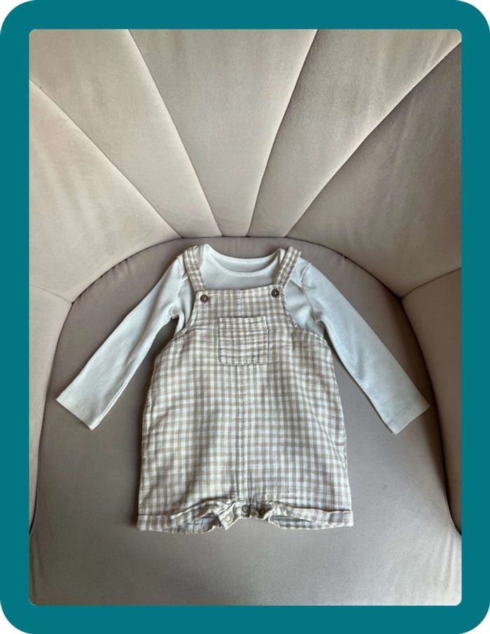 Ensemble salopette gaze de coton vichy et body 12 mois - TU - photo numéro 2