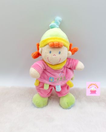 Peluche Doudou Poupée Lutin Fille Rose Jaune Orange NICOTOY petit modèle 21 Cm