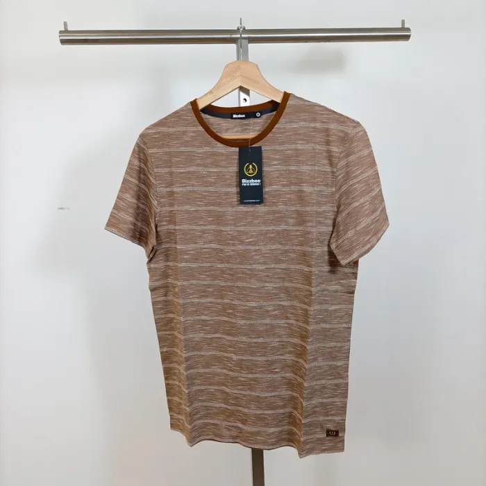 T-shirt Bizzbee rayé marron et beige col contrasté – neuf – taille M A1012 - photo numéro 7