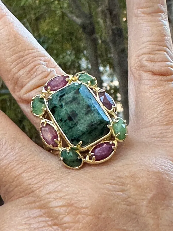 Grosse bague habaha paris amazonite malachite jade rose acier inoxydable or - photo numéro 3