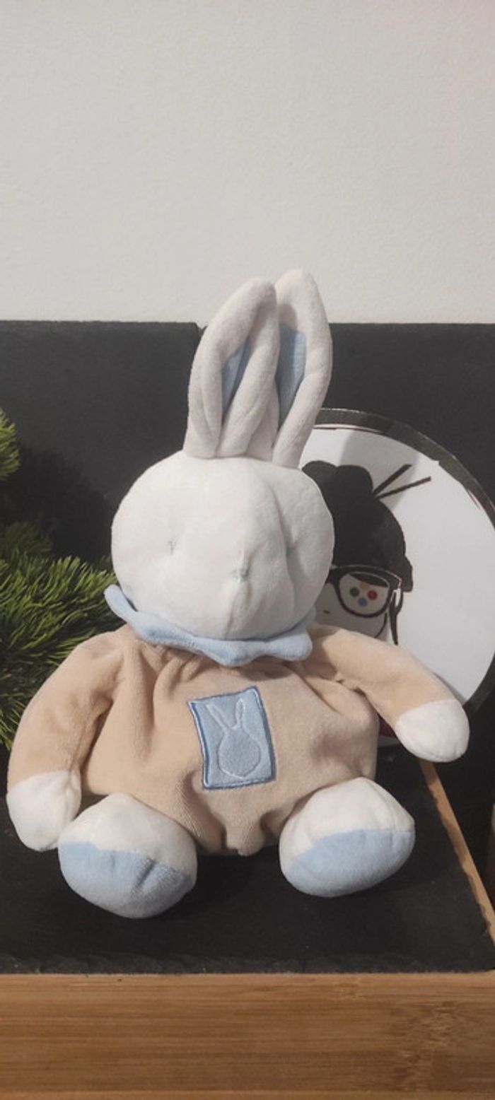 doudou Peluche lapin boule klorane marron blanc bleu beige
