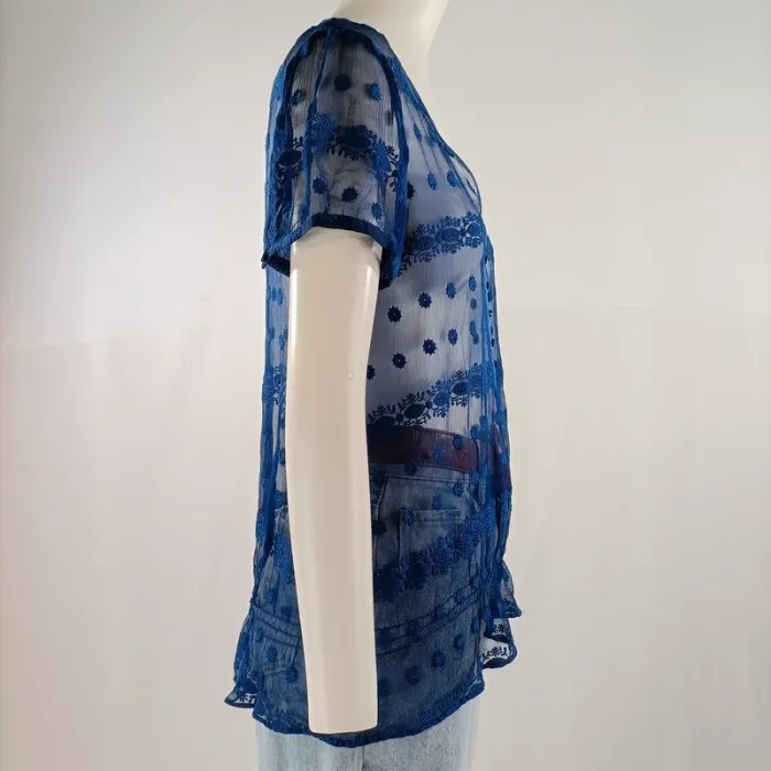Blouse transparente bleue brodée en soie – Cacharel Paris T.38 A1159 - photo numéro 4