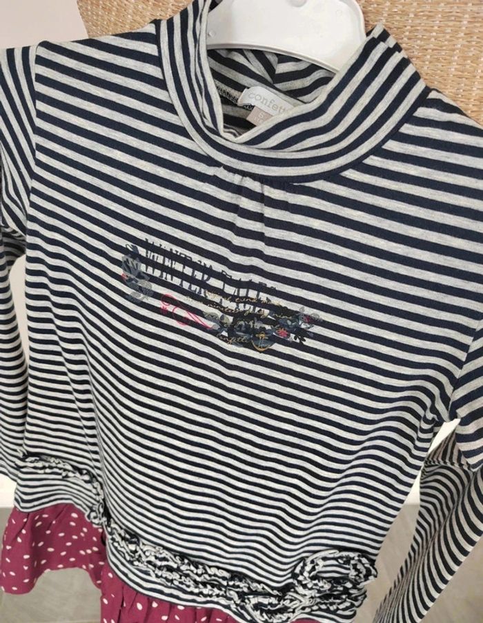30 € Robe Confetti Bleu marine et bordeaux Rayures et à pois 6 ans Neuve sans étiquette - photo numéro 2