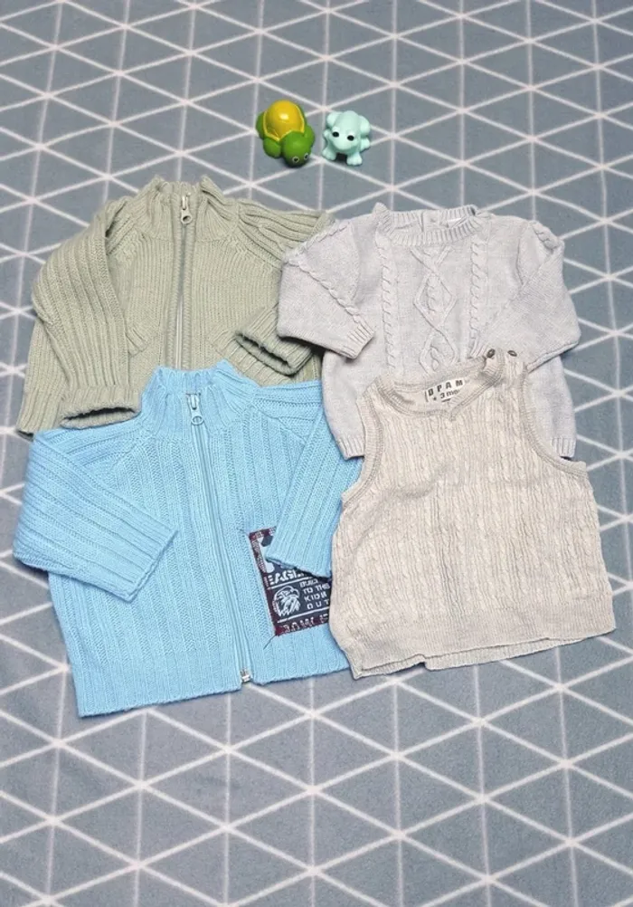 🦁 Lot 2 gilets et 2 pulls, 3 mois