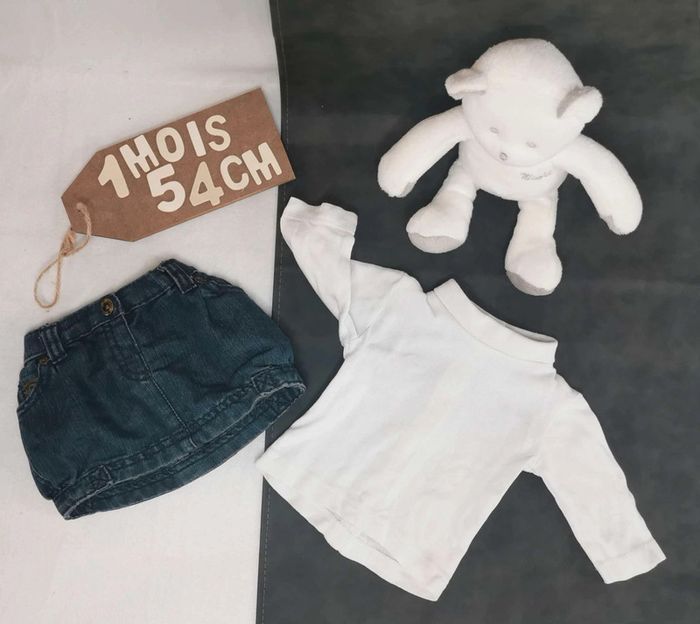 Ensemble 👣 jupe jean et tee-shirt blanc manches longues col montant Kitchoun 1mois/54cm