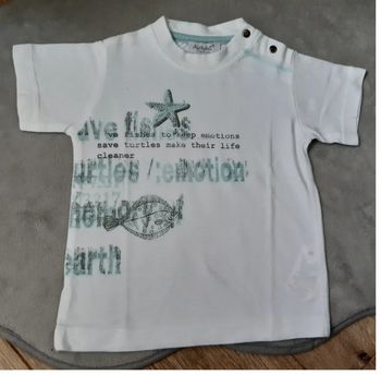 tee-shirt MC "alphabet" blanc/turquoise 9 mois état neuf