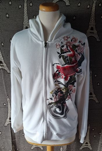 Gilet zippé blanc imprimé Cape Koï devant et au dos taille m