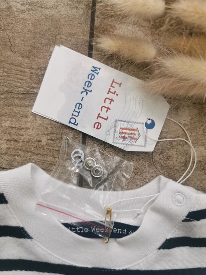 🌺Teeshirt Week-end à la mer 6mois Rayé bleu marine et blanc neuf avec étiquette - photo numéro 2