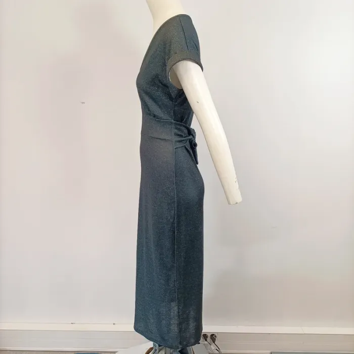 Robe longue paillettes bleu - t36 - robe de soirée moulante femme décolleté et noeud à l'arrière. - photo numéro 3
