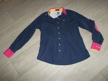 Chemise SANTA MARTA bleu marine empiècements fuchsia jaune taille M TBE
