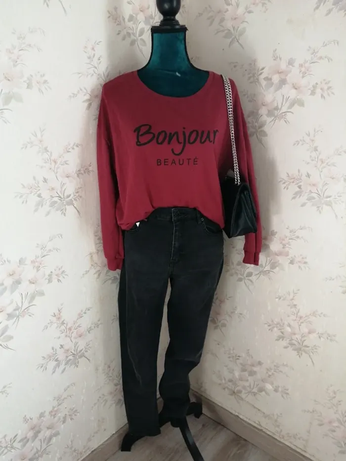Pull fin bordeaux à message bonjour beauté / mim / (L) - photo numéro 2