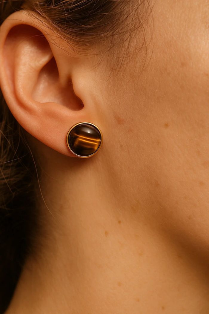 Clous d’oreilles en Plaqué💫Or 18 Carats & Œil de Tigre AAA 14 mm - photo numéro 3