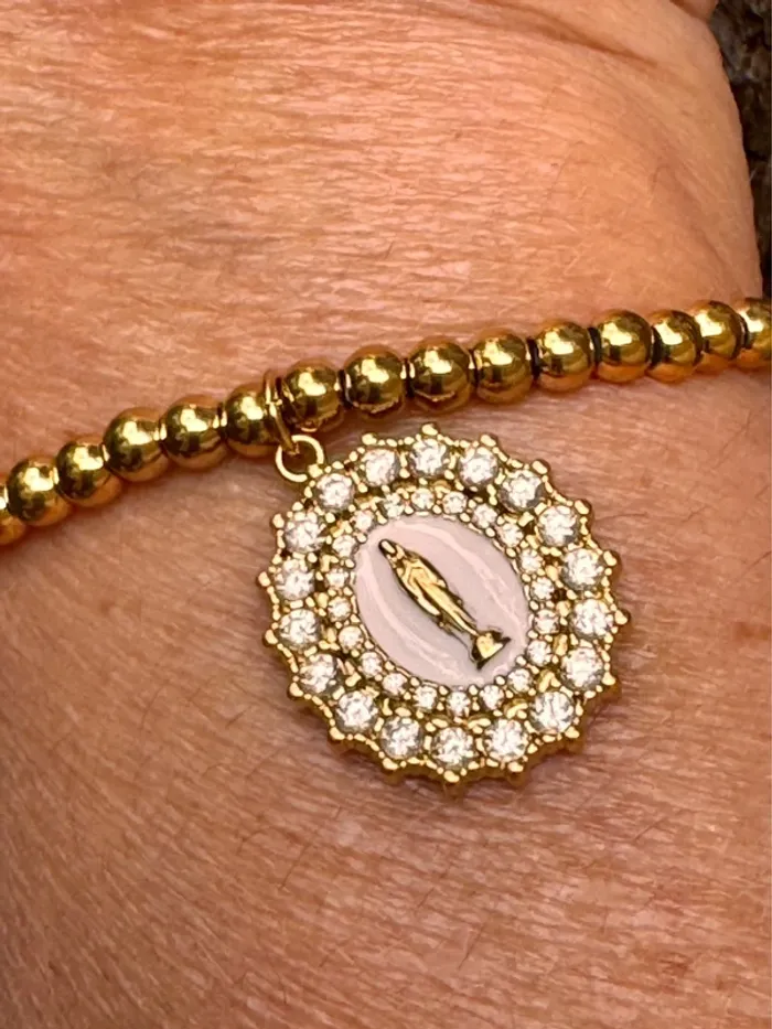 Bracelet réglable boules remplies grosse médaillevierge cristaux blanc - photo numéro 3