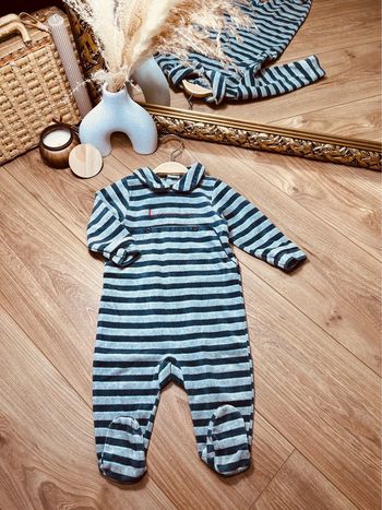Taille 9 mois pyjama velours garçon TAO bleu gris * rayures * 💙