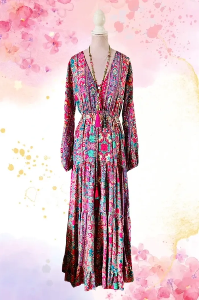 🩵🌸Magnifique robe longue bohème soie neuve avec étiquette Made in India fairycore Silk maxi dress🌸🩵 - photo numéro 2