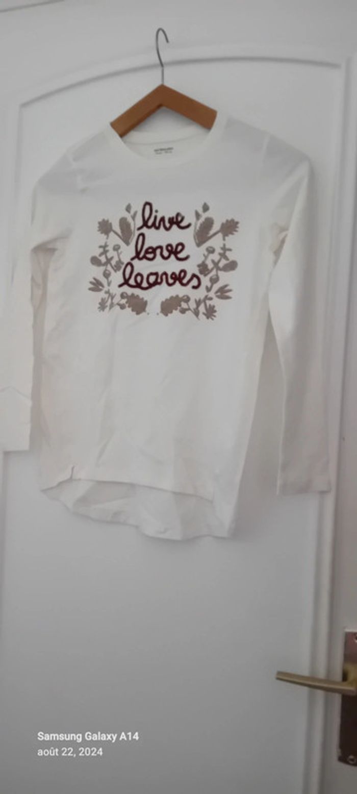 Tee-shirt long motif feuilles et texte brodé crème neuf fille 10 ans vert baudet - photo numéro 9