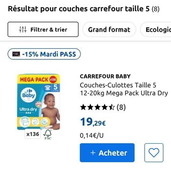 Couches Carrefour taille 5 12 à 20kg
