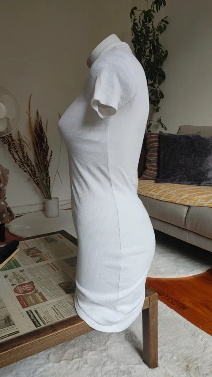 Robe polo blanc manches courtes côtelé mi-cuisse - photo numéro 4