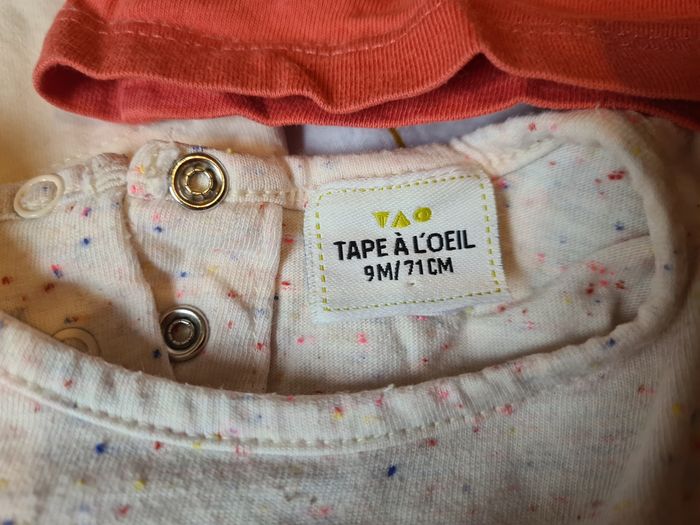 Lot 3 Tee-shirt manches longues. Haut. 9 mois. Tape à l œil. Corail, beige, crème - photo numéro 5