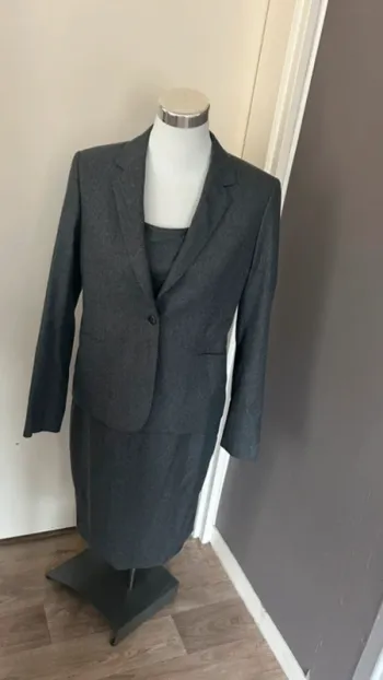 Ensemble tailleur robe+veste gris en laine, femme, taille 36