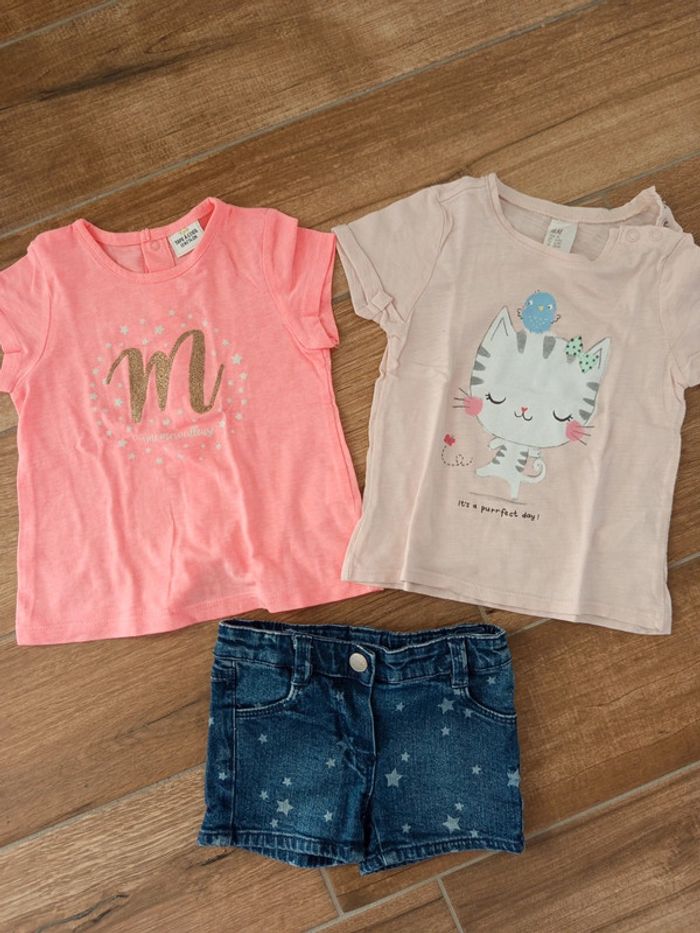Ensemble 9/12 mois, short jean étoiles+2 tee shirts - photo numéro 11